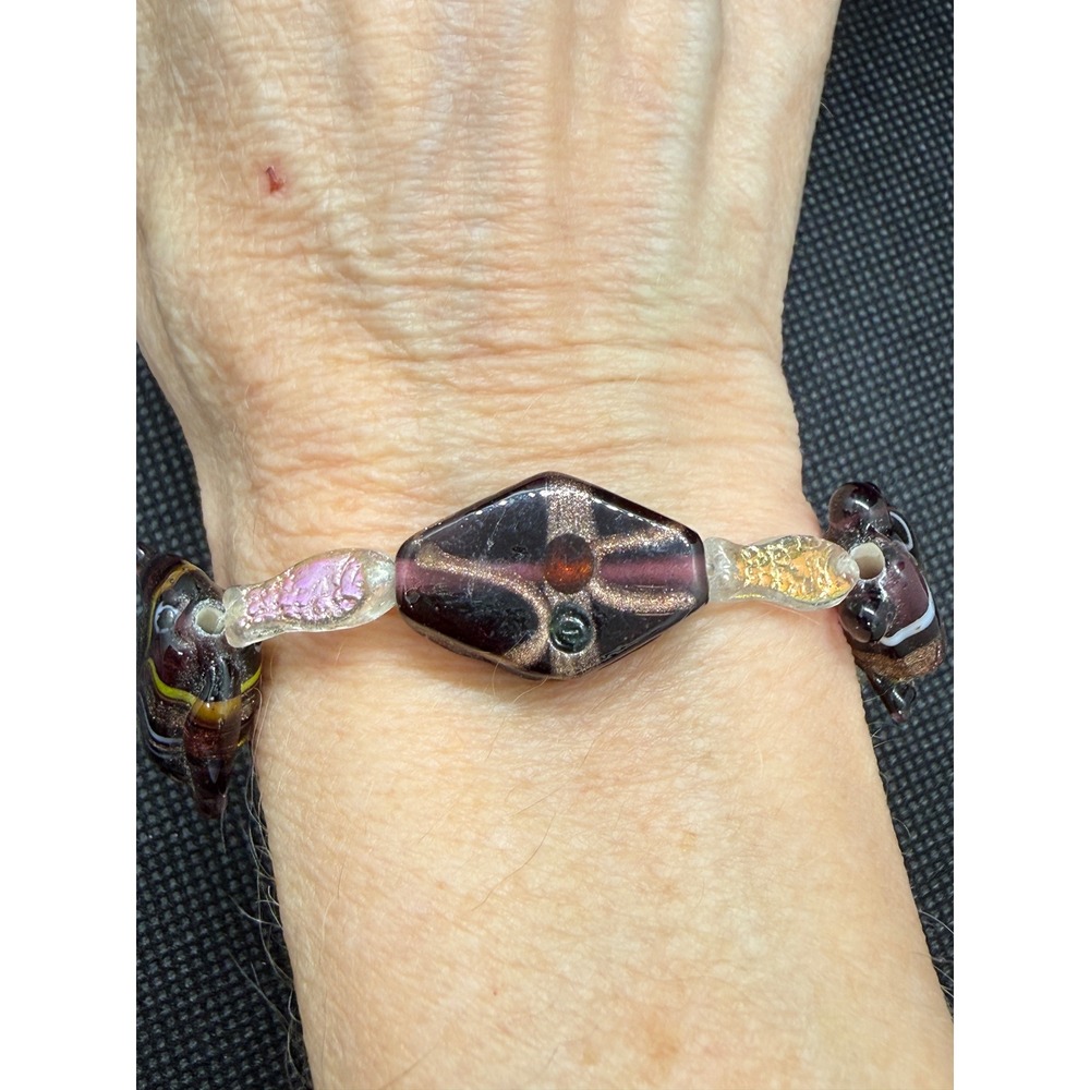 Vintage Upcycled West Germany Art Glass Elephant Bead Bracelet Purple Gold 7.5"